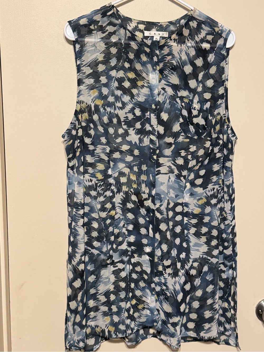 CAbi Navy Blue Printed Semi-Sheer Sleeveless Camisole.Loose Flowy Lagenlook Boho
